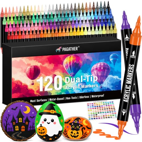 Pagather Acrylic Paint Markers, 120 Colors Dual Tip Fine & Brush Pens Set