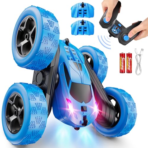 QUNREDA Remote Control Car, RC Cars Toys for Kids Ages 6-12, 4WD Stunt Car with LED Lights & 360° Flips, 2.4GHz, Upgraded USB