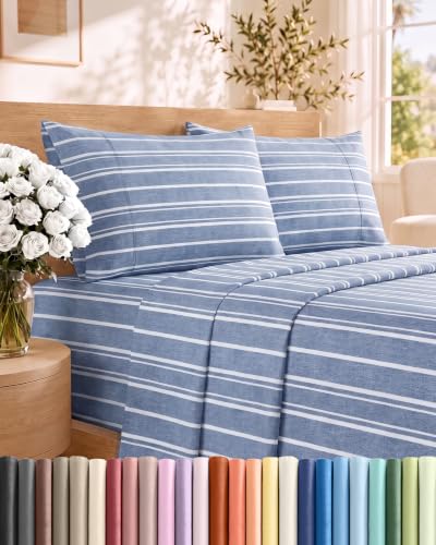 Full Size 4 Piece Sheet Set - Breathable & Cooling Sheets - Blue Stripes