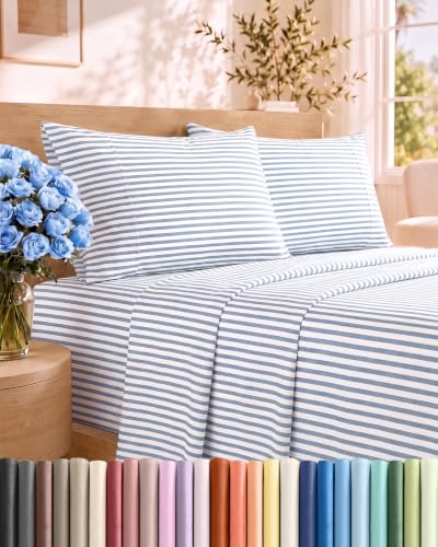Full Size 4 Piece Sheet Set - Breathable & Cooling Sheets - Blue Stripes