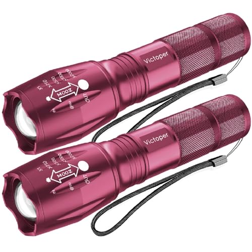 Victoper LED Flashlight 2 Pack Pink, Bright Tactical Torch High Lumens 5 Modes, Waterproof Zoomable Flash Light for Outdoor, 