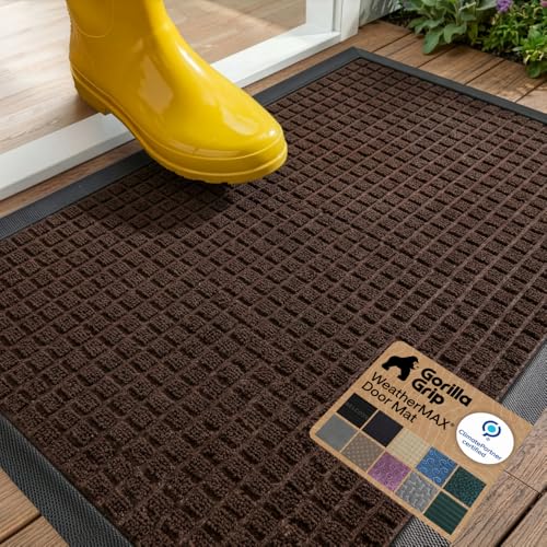 GORILLA GRIP WeatherMAX Door Mat, Indoor Outdoor, 29x17, Dark Brown Squares