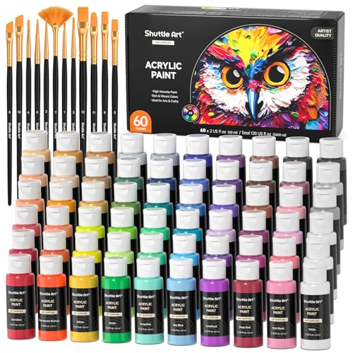 72 Pack Acrylic Paint Set, Shuttle Art 60 Colors Acrylic Paint Including Extra White Black & 12 Brushes, 2oz/60ml, Rich Pigme