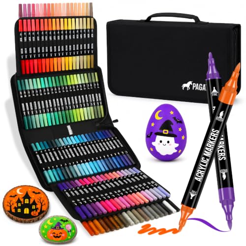 Pagather Acrylic Paint Markers, 120 Colors Dual Tip Fine & Brush Pens Set