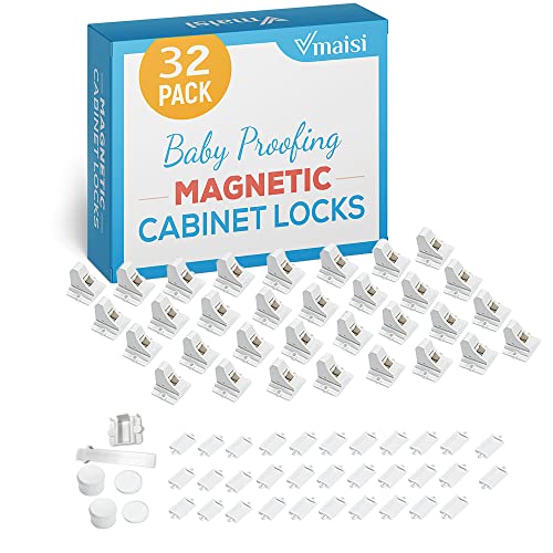 Vmaisi Adhesive Magnetic Locks for Cabinets & Drawers (32 Locks and 4 Keys)