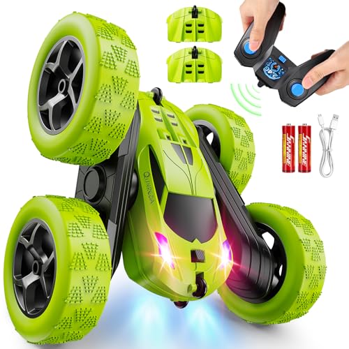 QUNREDA Remote Control Car for Kids Ages 6+, RC Cars Stunt Car Toy 4WD Double Sided 360° Rotating Remote Control with Headlig