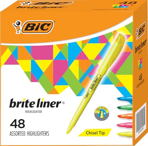 BIC Brite Liner Colored Highlighters, Chisel Tip, 5 Assorted Colors 48 Pack