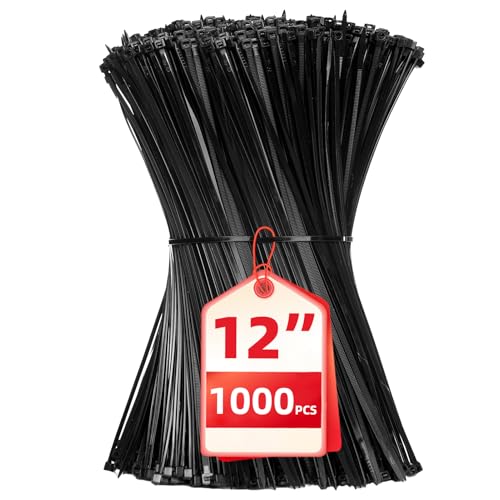 Zip Ties 12 inch, 1000 Pack Black Zip Ties, Self-Locking Nylon Cable Ties with 50 lb Tensile Strength,Wire Ties for indoor an