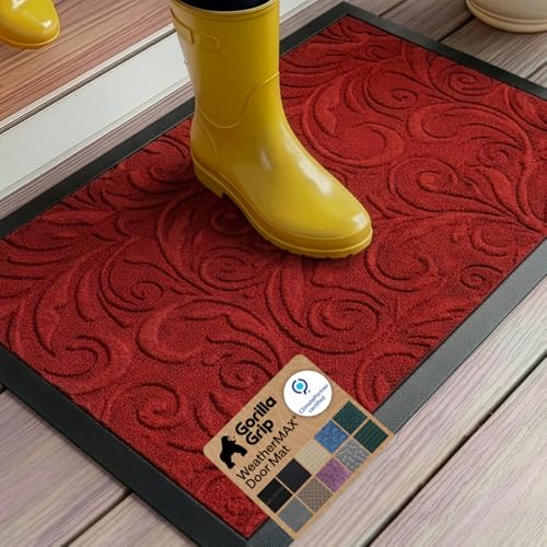 GORILLA GRIP WeatherMAX Door Mat, Indoor Outdoor, 35x23, Red Vintage Wine