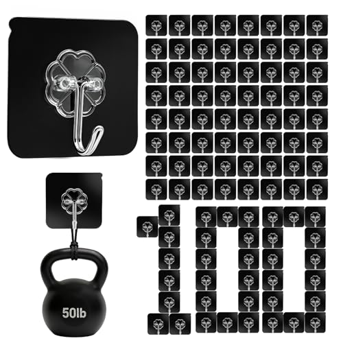 DDMY 100 Pack Adhesive Wall Hooks 50LB Heavy Duty Black Sticky Hook