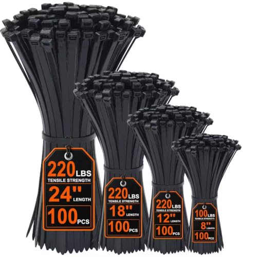 Zip Ties Heavy Duty Assorted Sizes(8”+12”+18”+24”), 400 Pack,Large Black Cable Ties,Multi-Purpose Self-Locking Nylon Cable Co