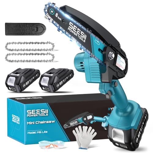 Seesii Mini Chainsaw, 6-inch Mini Chainsaw Cordless, Handheld Electric Power Chain Saw with 2 Batteries, for Tree Trimming Wo