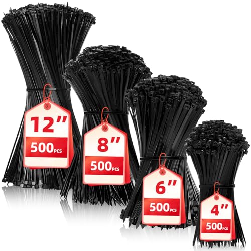 Zip Ties Assorted Sizes(4”+6”+8”+12”), 2000 Pack,Black Cable Ties,Multi-Purpose Self-Locking Nylon Cable Cord Management,Plas