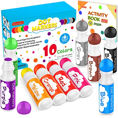 Soucolor Washable Dot Markers,10 Vibrant Colors 48 Pages Activity Book