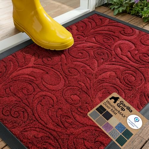 GORILLA GRIP WeatherMAX Door Mat, Indoor Outdoor, 29x17, Red Vintage Wine