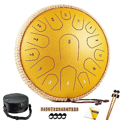 HOPWELL Steel Tongue Drum - 13 Inches 15 Notes Tongue Drum - Hand Pan Drum with Music Book, Drums Mallets and Carry Bag, D Ma