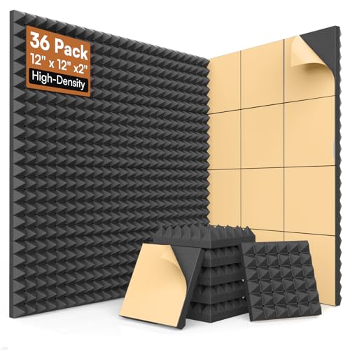 SD SODOCT 36 Pack 12 x 12 x 2 Inches Pyramid Acoustic Foam Panels, High Density Acoustic Foam, Self-Adhesive Sound Proof Foam