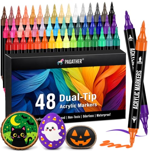 Pagather Acrylic Paint Markers, 48 Colors Dual Tip Fine & Brush Pens Set