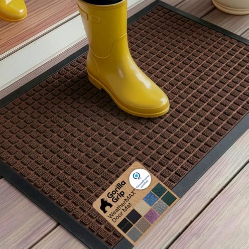 GORILLA GRIP WeatherMAX Door Mat, Indoor Outdoor, 35x23, Dark Brown Squares