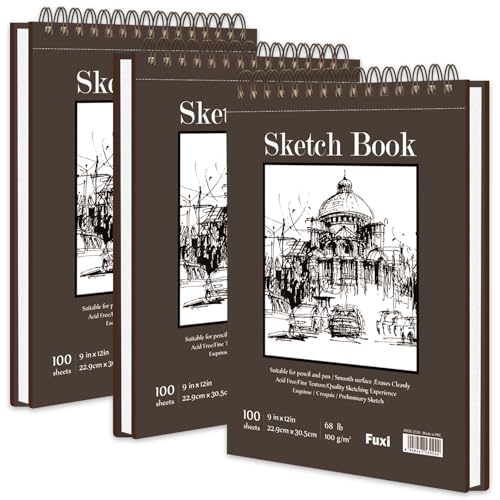 Fuxi 9" x 12" Sketch Book Set, Top Spiral Bound Sketchbook, 300 Sheets