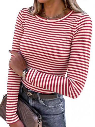 ANRABESS Women Long Sleeve Shirts Ribbed Fitted Tops,Red White,XL