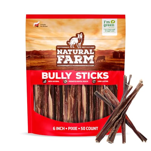 Natural Farm Pixie Bully Sticks (6 Inch, 50 Pack), Thin Pizzle Beef Treats, Grain-Free, High Protein, Best Rawhide Alternativ
