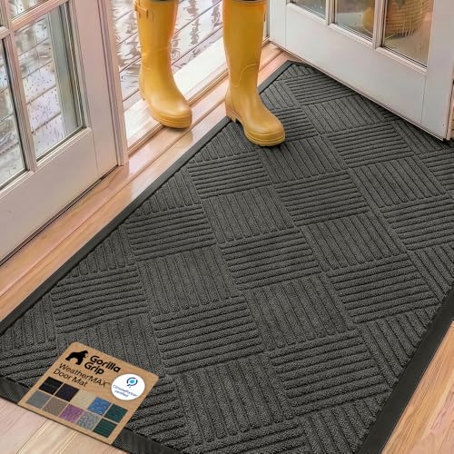 GORILLA GRIP WeatherMAX Door Mat, Indoor Outdoor Use, 60x24, Gray Diamond