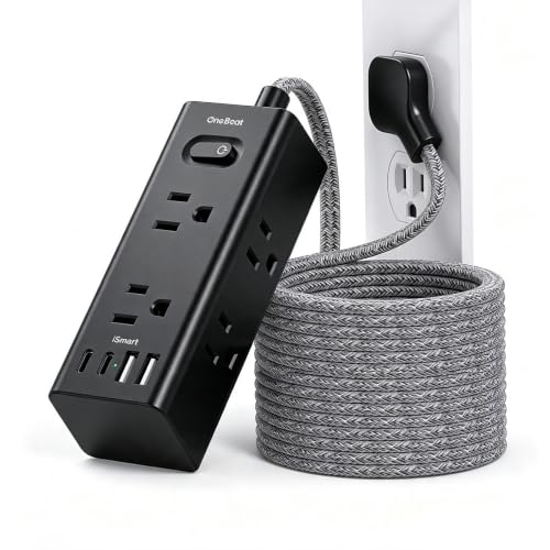 One Beat Extension Cord 15Ft, Flat Plug Surge Protector Power Strip, Black