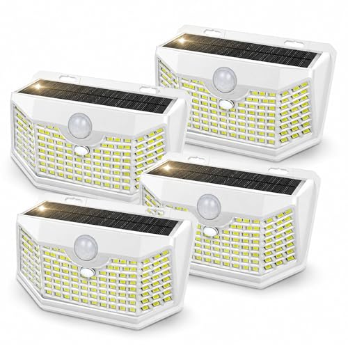 HMCITY 120 LED Outdoor Solar Lights with Motion Sensor, 4 Pack, White