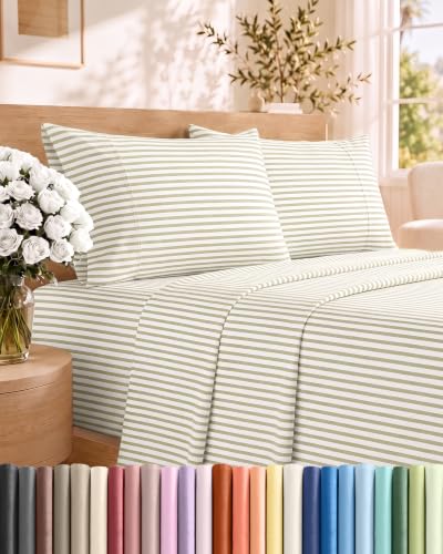 Cal King Size 4 Piece Sheet Set - Breathable & Cooling - Beige Stripes