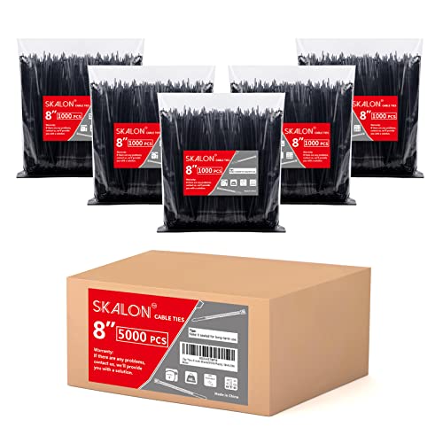 Zip Ties 8 inch (5000 Pack), 40lbs Tensile Strength, Black Cable Ties, Wire Ties for indoor and outdoor use, by Skalon