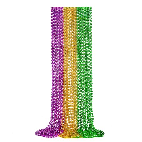 EOBOH 144PCS Mardi Gras Beads, Mardi Gras Green Purple Gold Metallic Necklaces Accessories Bulk, Mardi Gras Beads Necklace Co