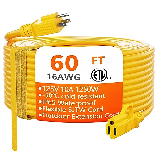 HUANCHAIN Indoor Outdoor Yellow Extension Cord 60 FT Waterproof 16/3 Gauge