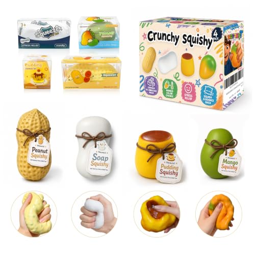 Tyarcox 4 Pack Crunchy Squishy Stress Ball, Mango Pudding Peanut & Soap Block Flake Filled ASMR Fidget, Moldable Sensory Sque