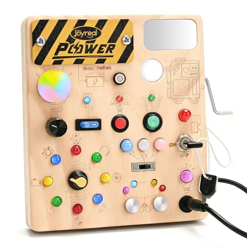 Joyreal Busy Board with 22 LED Light - Montessori Toys for 1 2 3 Years Old, Wooden Toddler Sensory Board for Kids with Autism
