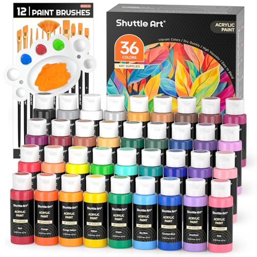 Shuttle Art Acrylic Paint, 36 Colors Acrylic Paint Set with Brushes & Palette, 2oz/60ml Bottles, Rich Pigments Non-toxic for 