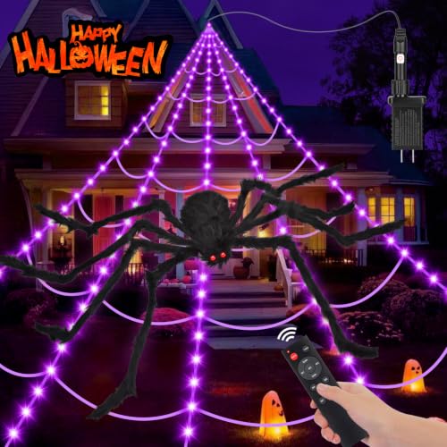 OCATO 200" Halloween Decorations Spider Web Lights Outdoor +59" Fake Spider