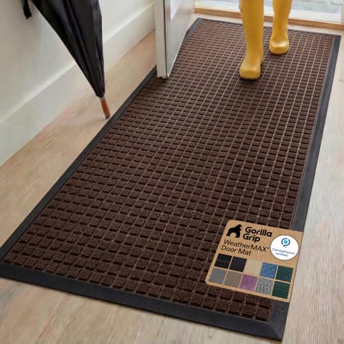GORILLA GRIP WeatherMAX Door Mat, Indoor Outdoor, 72x24, Dark Brown Squares