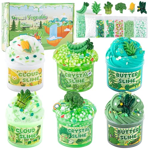 6-Pack Green Slime Kit for Kids, Cloud Butter Clear Crunchy Gift Set