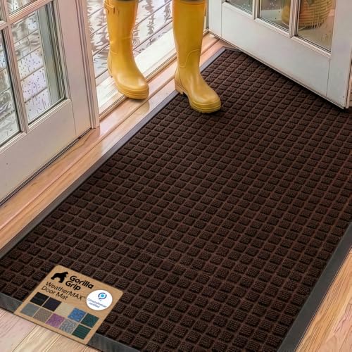GORILLA GRIP WeatherMAX Door Mat, Indoor Outdoor, 60x24, Dark Brown Squares