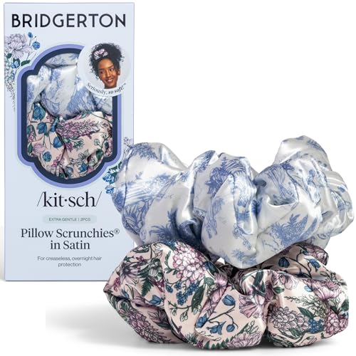 Bridgerton x Kitsch Satin Scrunchies for Women - Toile De Blue, 2pcs