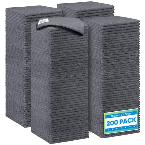 HOMEXCEL Grey Microfiber Cleaning Cloth 200 Pack, 11.5 x 11.5 inch Bulk Shop Towels | Reusable Cleaning Rags for Cars, Kitche