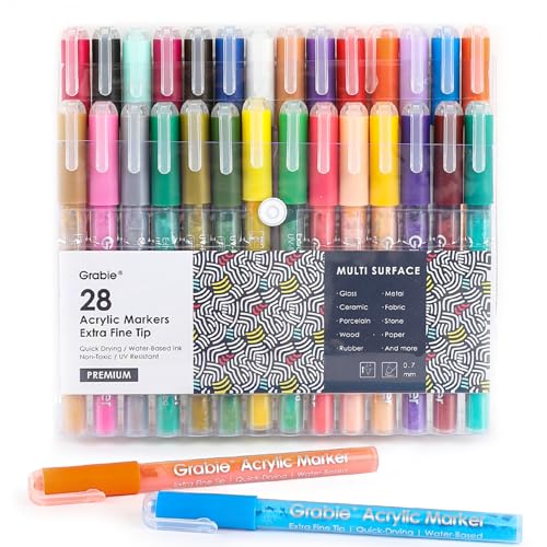 Grabie Pack of 28 Color Acrylic Paint Markers, 0.7mm Extra Fine Tip Pens
