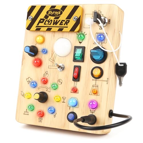 Joyreal Montessori Busy Board Wooden Sensory Toys for Toddler with LED Light Up Switch, Baby Fidget Board Travel Toys for 18+