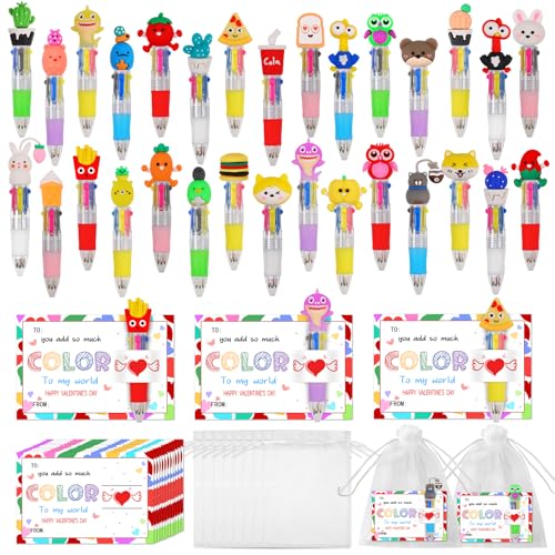CZWZ 30 Set Cute Multicolor Pens in One 4-in-1 Fun Pens Bulk with 30 Valentines Day Cards for Valentine's Day Party Student C