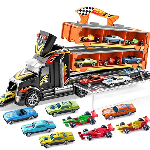 JOYIN Toy Truck for Kids, Race Toy Cars, 60" Extra Long Race Track and 12 Die-Cast Metal Cars, Toddler Carrier Truck with Lig