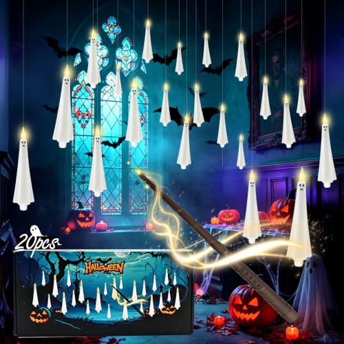 kakoya Ghost Flameless Floating Candles with Wand Remote, 20 Pcs Magic Flickering Battery Operated LED Hanging Taper Candles 