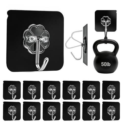 DDMY Black Heavy Duty Adhesive Hooks 2026 Upgraded 50lbs（Max） Sticky Wall Hooks for Hanging 12 Pack No Damage Hook Strong Wat