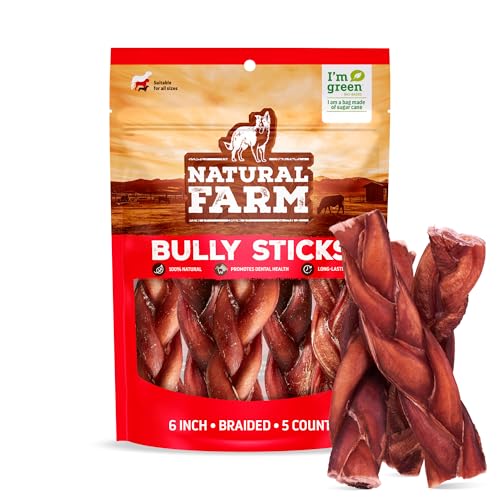 Natural Farm Odor-Free Braided Bully Sticks (6 Inch, 5 Pack) - 100% Grass-Fed Beef, Grain-Free, Low Fat & Fully Digestible Be