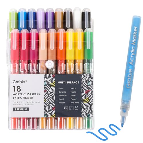 Grabie Pack of 18 Color Acrylic Paint Markers, 0.7mm Extra Fine Tip Pens